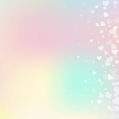 Beyaz kalp konfetileri sever. Sevgililer Günü gradyanı narin bir arka plan. Şeffaf kalp konfetileri yumuşak arka planda. Egzotik vektör illüstrasyonu.