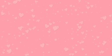 Pembe kalp aşk konfetileri. Sevgililer Günü yağmuru şaşırtıcı bir arka plan. Pembe arka planda düşmüş kağıt kalpler konfetisi. Duygusal vektör illüstrasyonu.