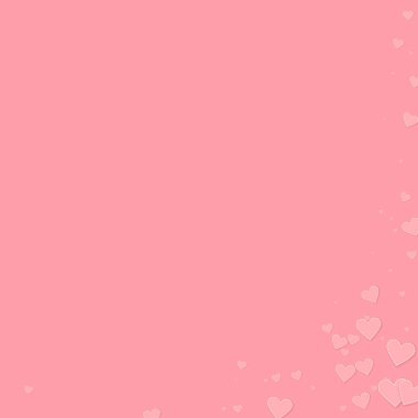 Pembe kalp aşk konfetileri. Sevgililer Günü 'nün tuhaf bir geçmişi var. Pembe arka planda düşmüş kağıt kalpler konfetisi. Hoş vektör illüstrasyonu.