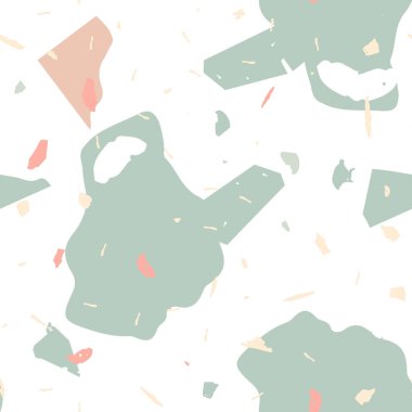 Terrazzo kusursuz desen. İç dekorasyon için minimalist döşeme taşı. Doğal taşlardan, granitten, kuvarstan, mermerden, betondan yapılmış arka plan. Terrazzo pürüzsüz desenli serin renklerde. 