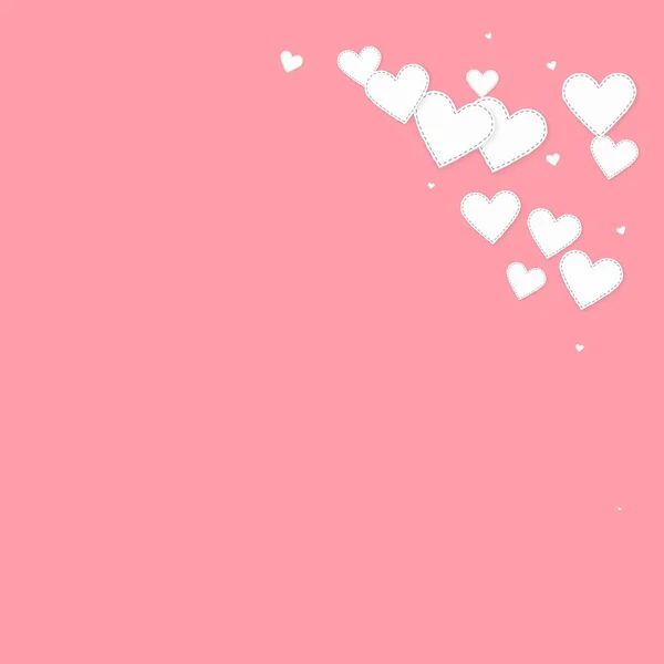 白い心の愛の告白 バレンタインデーのコーナー優れた背景 ピンクの背景に縫い付けられた紙のハートのコンフェッティが落ちる 感情的なベクターイラスト — ストックベクタ