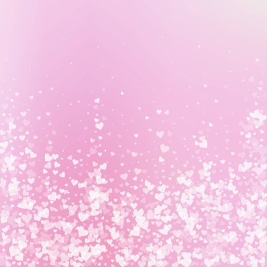 Beyaz kalp konfetileri sever. Sevgililer Günü yağan yağmurlu arka plan. Gradyan arka planda şeffaf kalp konfetileri düşüyor. Yaratıcı vektör illüstrasyonu.