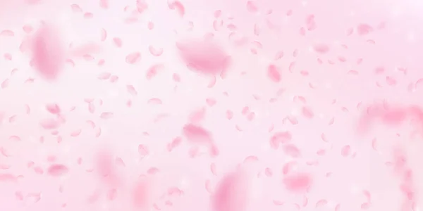 桜の花びらが落ちています ロマンチックなピンクの花は 雨が降っています ピンクの幅広いバック グラウンドに花びらを飛んでいます ロマンス概念 オリジナルの結婚式招待状 — ストック写真