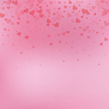 Kırmızı kalp konfetileri sever. Sevgililer Günü gradyan benzersiz arka plan. Hassas arka planda şeffaf kalp konfetileri. İlginç vektör illüstrasyonu.