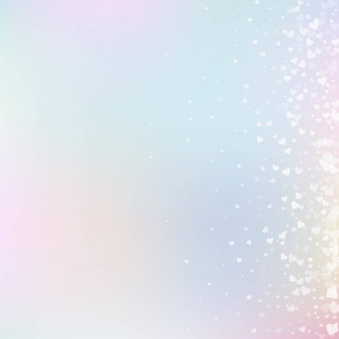 Beyaz kalp konfetileri sever. Sevgililer Günü gradyan zarif bir arka plan. Şeffaf kalp konfetileri yumuşak arka planda. Egzotik vektör illüstrasyonu.