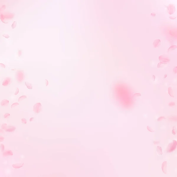 桜の花びらが落ちてきた ロマンチックなピンクの花の境界線 ピンクの四角形の背景に花びらを飛んで 恋愛概念 結婚式の招待状 — ストック写真