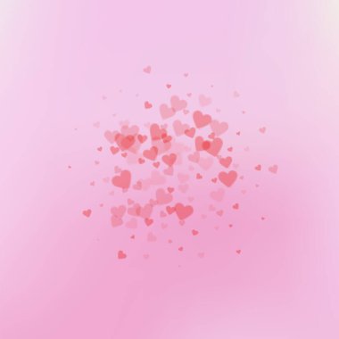 Kırmızı kalp konfetileri sever. Sevgililer Günü patlaması hoş bir arka plan. Şeffaf kalp konfetileri yumuşak arka planda. Uygun vektör illüstrasyonu.