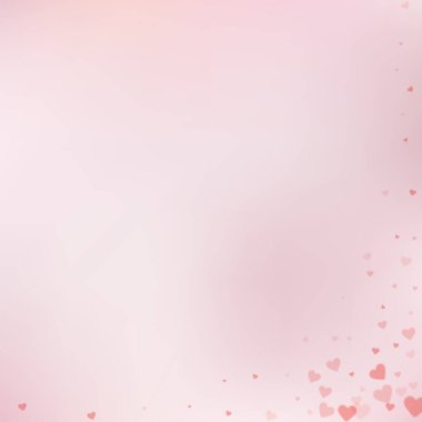 Kırmızı kalp konfetileri sever. Sevgililer Günü köşesinde ilginç bir geçmiş. Renk geçiş geçmişinde şeffaf kalp konfetileri düşüyor. Hoş vektör illüstrasyonu.