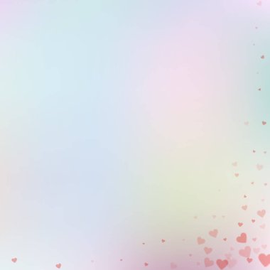 Kırmızı kalp konfetileri sever. Sevgililer Günü 'nün narin geçmişi. Düşen şeffaf kalp konfetileri göze çarpmıyor. Hoş vektör illüstrasyonu.