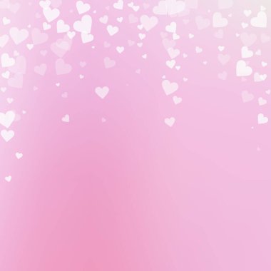 Beyaz kalp konfetileri sever. Sevgililer Günü yağan yağmurlu bir arka plan. Şeffaf kalp konfetileri yumuşak arka planda. Cool vektör illüstrasyonu.