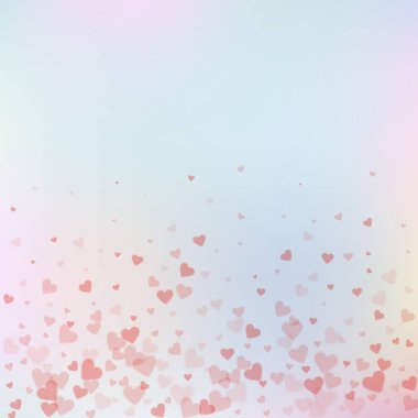 Kırmızı kalp konfetileri sever. Sevgililer Günü değişmez bir geçmişi var. Düşen şeffaf kalp konfetileri göze çarpmıyor. Şirin vektör illüstrasyonu.