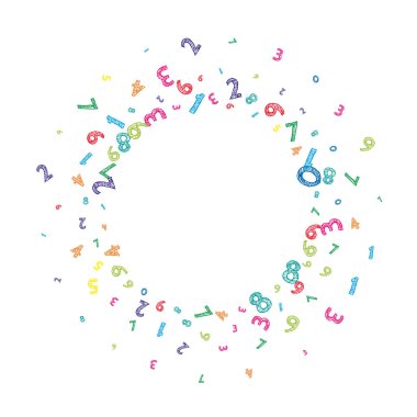 Rengarenk dağınık sayılar düşüyor. Uçan parmaklarla matematik çalışma konsepti. Beyaz arka planda okul matematik afişi için etkileyici. Düşen sayılar vektör illüstrasyonu.