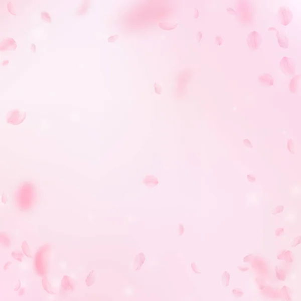 桜の花びらが落ちてきた ロマンチックなピンクの花のヴィネット ピンクの四角形の背景に花びらを飛んで 恋愛概念 結婚式の招待状のフェッチ — ストック写真