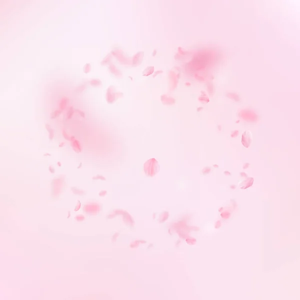 樱花花瓣落下 浪漫的粉红色花框 粉红色正方形背景上的花瓣 浪漫的概念 豪华婚礼请柬 — 图库照片