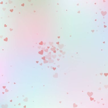 Kırmızı kalp konfetileri sever. Sevgililer Günü patlaması. Geçmişi temiz. Hassas arka planda şeffaf kalp konfetileri. Klas vektör illüstrasyonu.