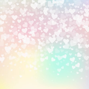 Beyaz kalp konfetileri sever. Sevgililer Günü gradyan dramatik geçmişi. Şeffaf kalp konfetileri yumuşak arka planda. Şirin vektör illüstrasyonu.