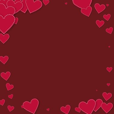 Kırmızı kalp konfetileri sever. Sevgililer Günü 'nde inanılmaz bir geçmişi vardı. Dökülen kağıt kalpler, kestane rengi arka planda konfeti. Olağanüstü vektör illüstrasyonu.