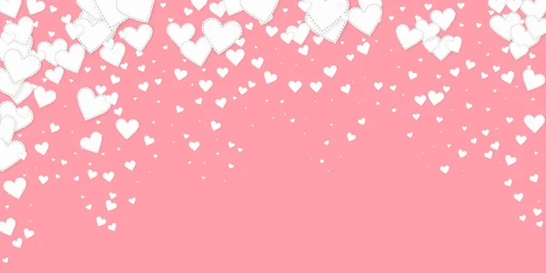 白い心の愛の告白 バレンタインデーの雨の魅力的な背景に落ちる ピンクの背景に縫い付けられた紙のハートのコンフェッティが落ちる エネルギーベクトル図 — ストックベクタ