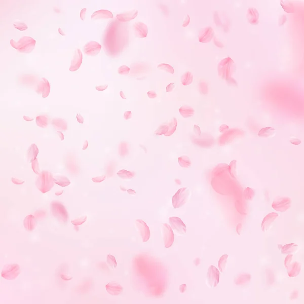 桜の花びらが落ちています ロマンチックなピンクの花は 雨が降っています ピンクの正方形の背景に花びらを飛んでいます ロマンス概念 圧倒的な結婚式招待状 — ストック写真