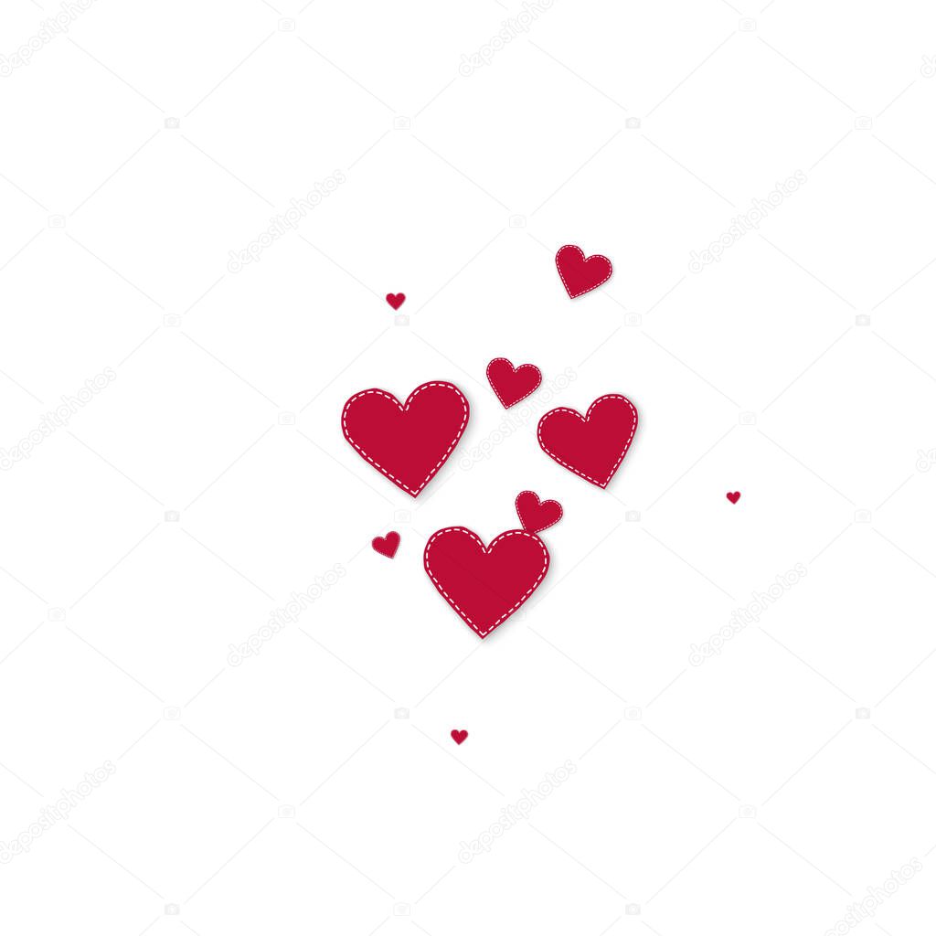 Red heart love confettis. Valentine's day explosion bewitching background. Falling stitched paper hearts confetti on white background. Comely vector illustration.