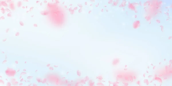 Sakuran Terälehdet Putoavat Romanttinen Vaaleanpunaisia Kukkia Vinjetti Lentävät Terälehdet Sinisellä — kuvapankkivalokuva
