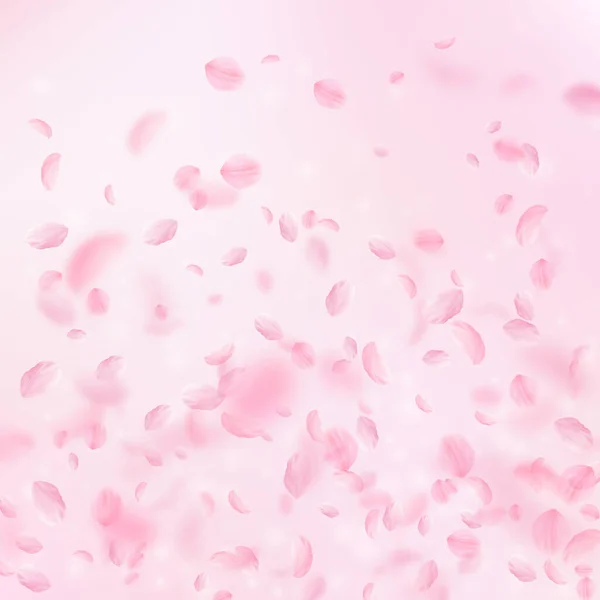 樱花花瓣掉落 浪漫的粉红色花朵渐变 在粉红色的方形背景飞行花瓣 浪漫的概念 精致的婚礼邀请函 — 图库照片