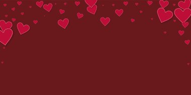 Kırmızı kalp konfetileri sever. Sevgililer Günü 'nün yağışlı ve enerjik bir geçmişi var. Dökülen kağıt kalpler, kestane rengi arka planda konfeti. Zarif vektör illüstrasyonu.