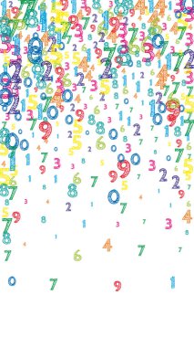 Renkli ve düzenli sayılar düşüyor. Uçan parmaklarla matematik çalışma konsepti. Beyaz arka planda matematik afişi yapmaya değer. Düşen sayılar vektör illüstrasyonu.