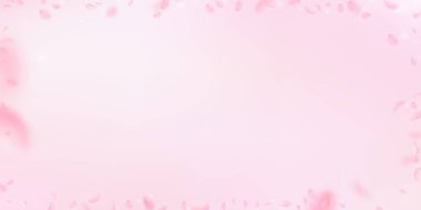 Sakura yaprakları dökülüyor. Romantik pembe çiçek çerçevesi. Pembe arka planda uçan taç yaprakları. Aşk, romantizm kavramı. Hoş bir düğün davetiyesi..