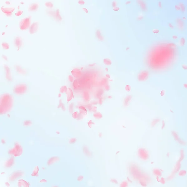 Лепестки Сакуры Падают Романтический Взрыв Розовых Цветов Летающие Лепестки Голубом — стоковое фото