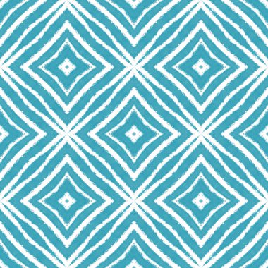 Çizgili el çizimi desen. Turkuaz simetrik kaleydoskop arka planı. Çizgili elle çizilmiş fayans tekrarlanıyor. Tekstil hazır mükemmel baskı, mayo kumaş, duvar kağıdı, ambalaj..