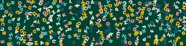 Falling letters of English language. Pastel flying words of Latin alphabet. Foreign languages study concept. Attractive back to school banner on blackboard background.