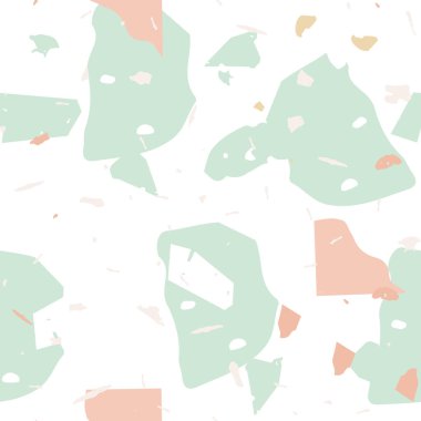 Terrazzo kusursuz desen. İç dekorasyon için minimalist döşeme taşı. Doğal taşlardan, granitten, kuvarstan, mermerden, betondan yapılmış arka plan. Terrazzo pürüzsüz desenli serin renklerde. 