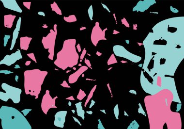 Terrazzo modern soyut şablon. Klasik İtalyan döşemesinin siyah, yeşil ve pembe dokusu. Taşlardan, granitten, kuvarstan, mermerden, betondan yapılmış arka plan. Venedik terrazzo trend vektör arkaplanı