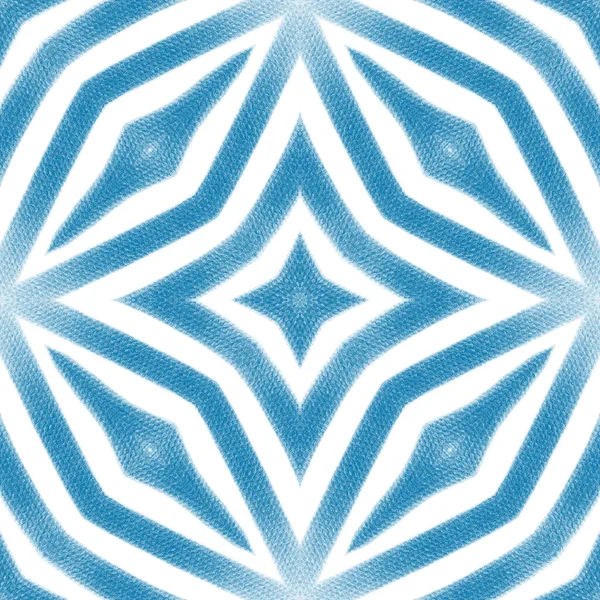 Striped Hand Drawn Pattern Blue Symmetrical Kaleidoscope Background Textile Ready — Zdjęcie stockowe