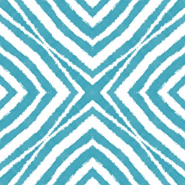 Çizgili el çizimi desen. Turkuaz simetrik kaleydoskop arka planı. Tekstil hazır baskı, mayo kumaş, duvar kağıdı, ambalaj. Çizgili elle çizilmiş fayans tekrarlanıyor.