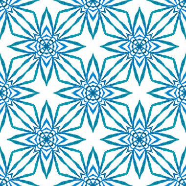 Tekstil hazır havalı baskı, mayo kumaş, duvar kağıdı, ambalaj. Mavi büyüleyici boho şık yaz tasarımı. El çizimi tropikal, pürüzsüz sınır. Tropik, pürüzsüz desen.