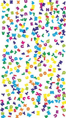 İngilizce 'nin harfleri düşüyor. Latin alfabesinin renkli uçan kelimeleri. Yabancı diller öğrenim kavramı. Beyaz arkaplanda okul afişine geri dön.