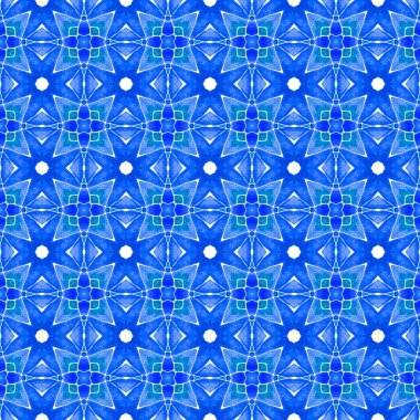 Tekstil hazır baskı, mayo kumaş, duvar kağıdı, ambalaj. Mavi güzel boho şık yaz tasarımı. Yeşil geometrik sembolün suluboya sınırı. Sembol suluboya deseni.