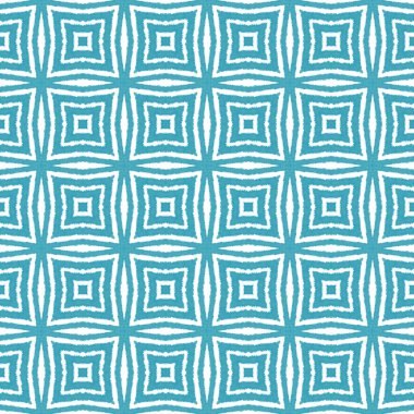 Etnik elle boyanmış desen. Turkuaz simetrik kaleydoskop arka planı. Tekstil hazır kalın baskı, mayo kumaş, duvar kağıdı, ambalaj. Yazlık elbise, elle boyanmış fayans..