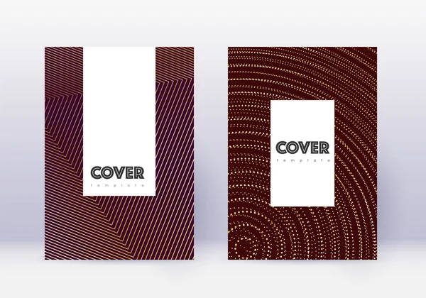Hipster Cover Design Template Set Gold Abstract Lines Maroon Background — Stockvector