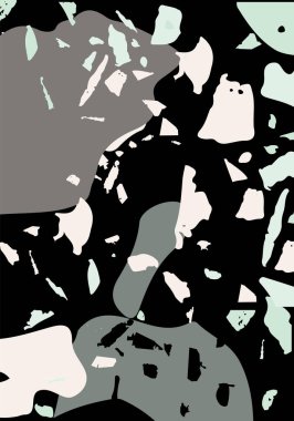 Terrazzo modern soyut şablon. Klasik İtalyan döşemesinin siyah, yeşil ve pembe dokusu. Taşlardan, granitten, kuvarstan, mermerden, betondan yapılmış arka plan. Venedik terrazzo trend vektör arkaplanı