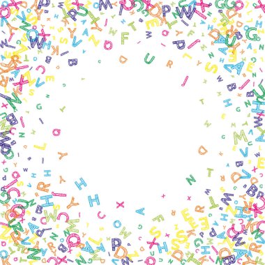 İngilizce 'nin harfleri düşüyor. Latin alfabesinin renkli, dağınık, uçan kelimeleri. Yabancı diller öğrenim kavramı. Beyaz arkaplandaki okul afişine geri dönmek çok hoş..