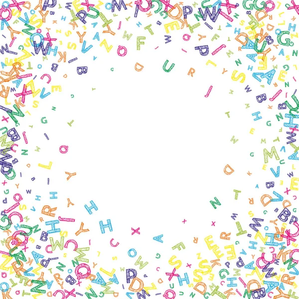 İngilizce 'nin harfleri düşüyor. Latin alfabesinin renkli, dağınık, uçan kelimeleri. Yabancı diller öğrenim kavramı. Beyaz arkaplandaki okul afişine geri dönmek çok hoş..