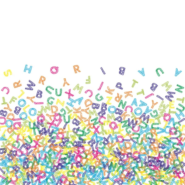 İngilizce 'nin harfleri düşüyor. Latin alfabesinin renkli çizimleri. Yabancı diller öğrenim kavramı. Beyaz arkaplanda okul afişine duygusal dönüş.