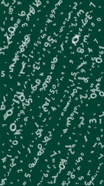 Çocuksu tebeşir sayıları düşüyor. Uçan parmaklarla matematik çalışma konsepti. Tahta arka plandaki matematik panosuna başvuruyorum. Düşen sayılar vektör illüstrasyonu.