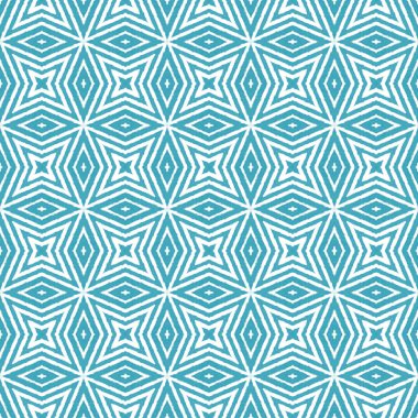 Madalyon pürüzsüz desen. Turkuaz simetrik kaleydoskop arka planı. Tekstil baskıya hazır, mayo kumaş, duvar kağıdı, ambalaj. Suluboya madalyonu, pürüzsüz fayans.