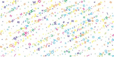 İngilizce 'nin harfleri düşüyor. Latin alfabesinin renkli, dağınık, uçan kelimeleri. Yabancı diller öğrenim kavramı. Beyaz arkaplandaki okul afişine merak saldı.