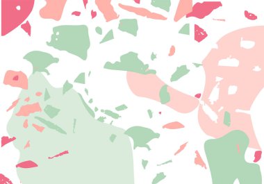 Terrazzo modern soyut şablon. Klasik İtalyan döşemesinin pembe ve yeşil dokusu. Taşlardan, granitten, kuvarstan, mermerden, betondan yapılmış arka plan. Venedik terrazzo trend vektör arkaplanı