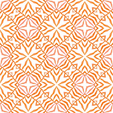 Etnik elle boyanmış desen. Turuncu otantik boho şık yaz tasarımı. Tekstil hazır egzotik baskı, mayo kumaş, duvar kağıdı, ambalaj. Suluboya yaz etnik sınır düzeni.